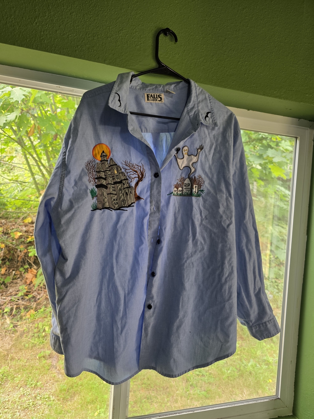 Falls Creek Light Blue Embroidered Halloween Button-Up Shirt - Men